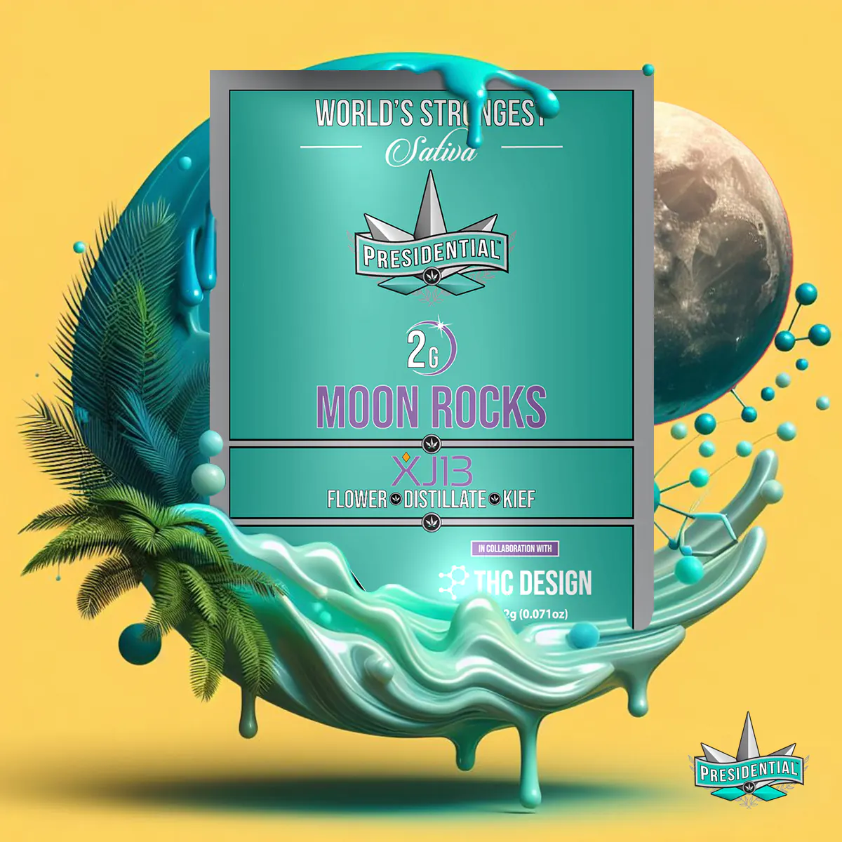 Presidential XJ-13 moon rocks packaging artwork in a square layout